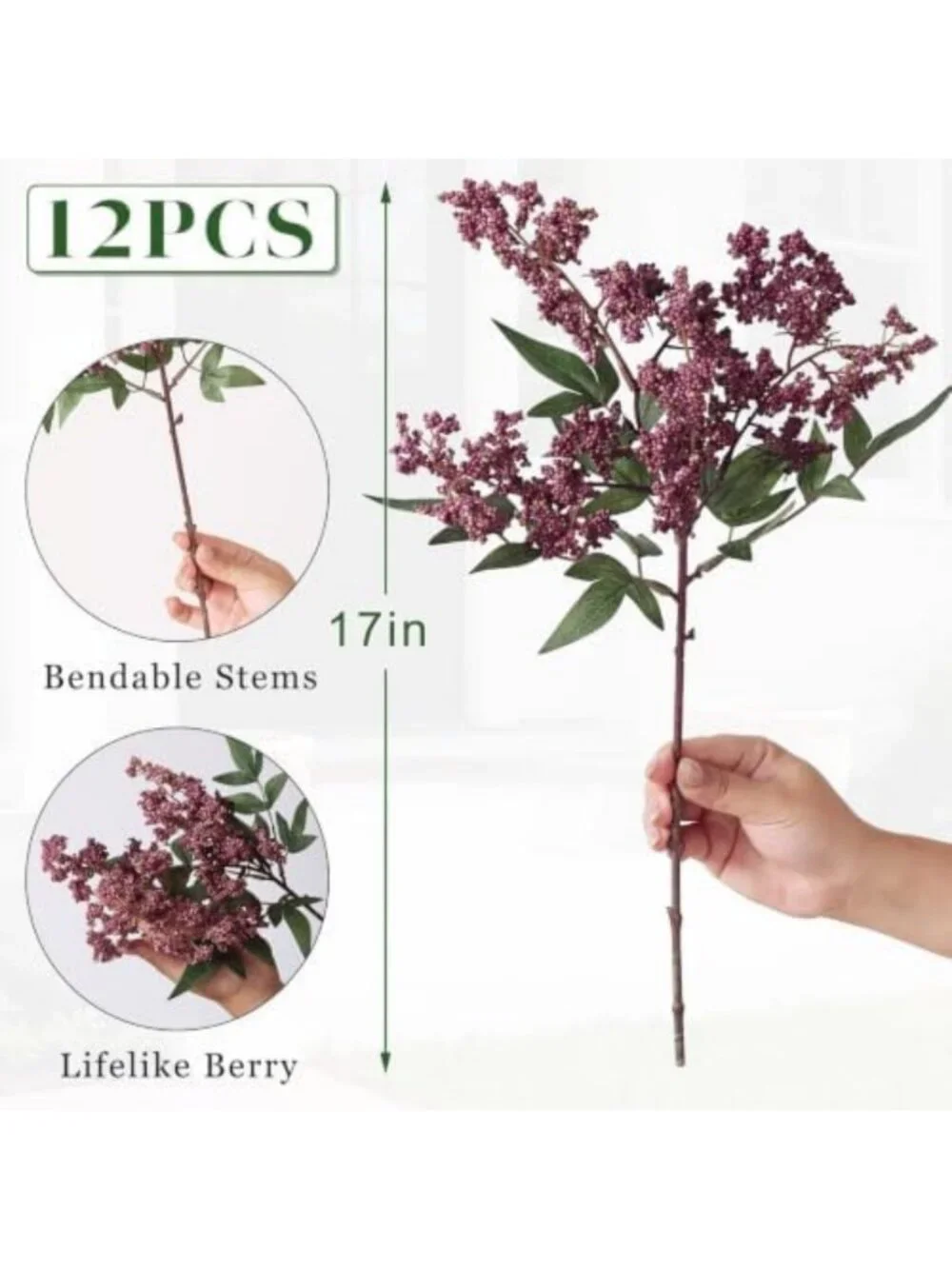 12 Pcs Lifelike Artificial Nandina Berry Stems - Dusty Plum Vase Decor